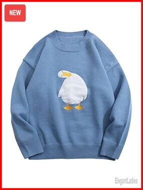 Oversized Duck Graphic Knit Crewneck Pullover Sweater - Trendy Streetwear Unisex